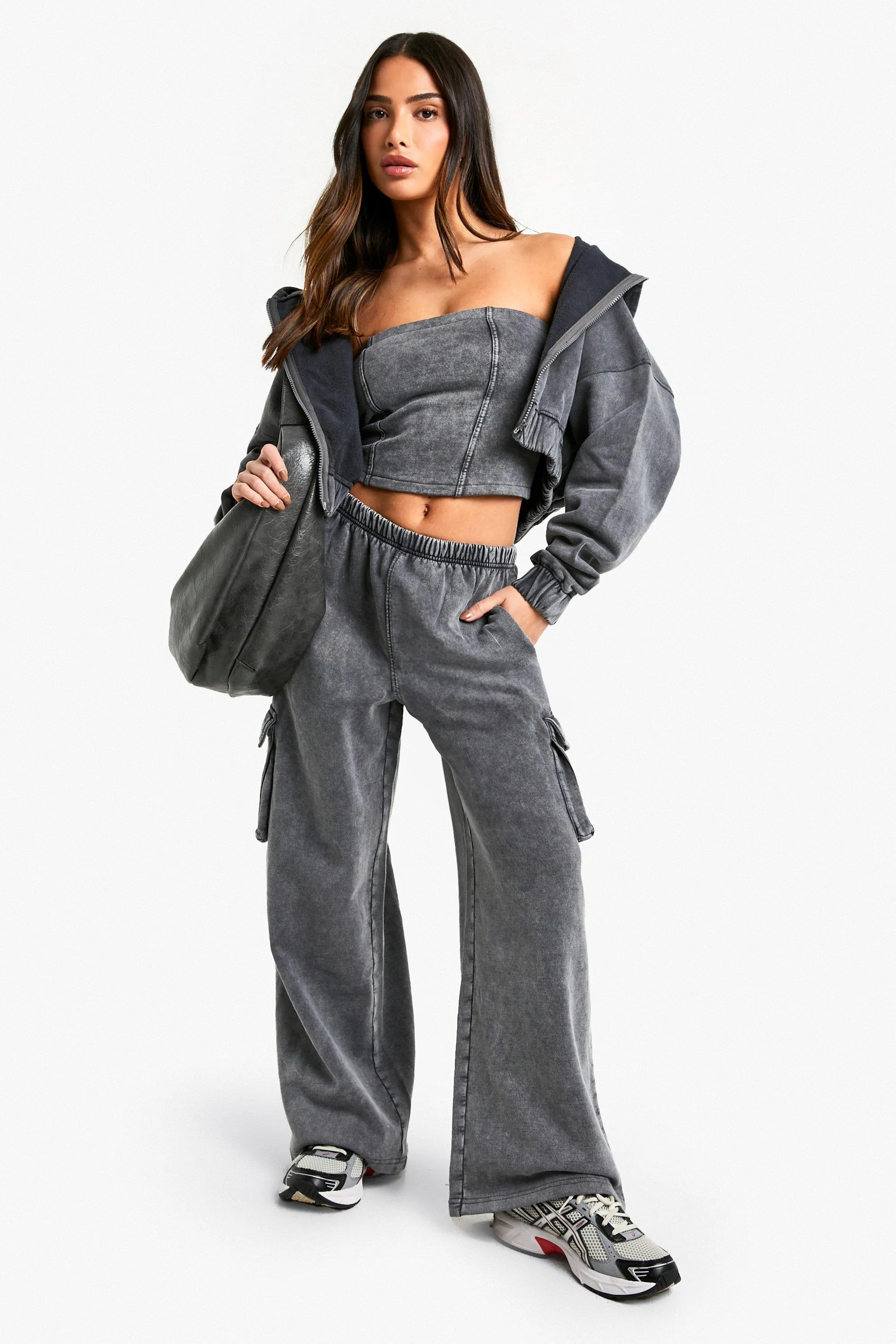 Petite Acid Wash Corset Top Hooded 3 Piece Tracksuit