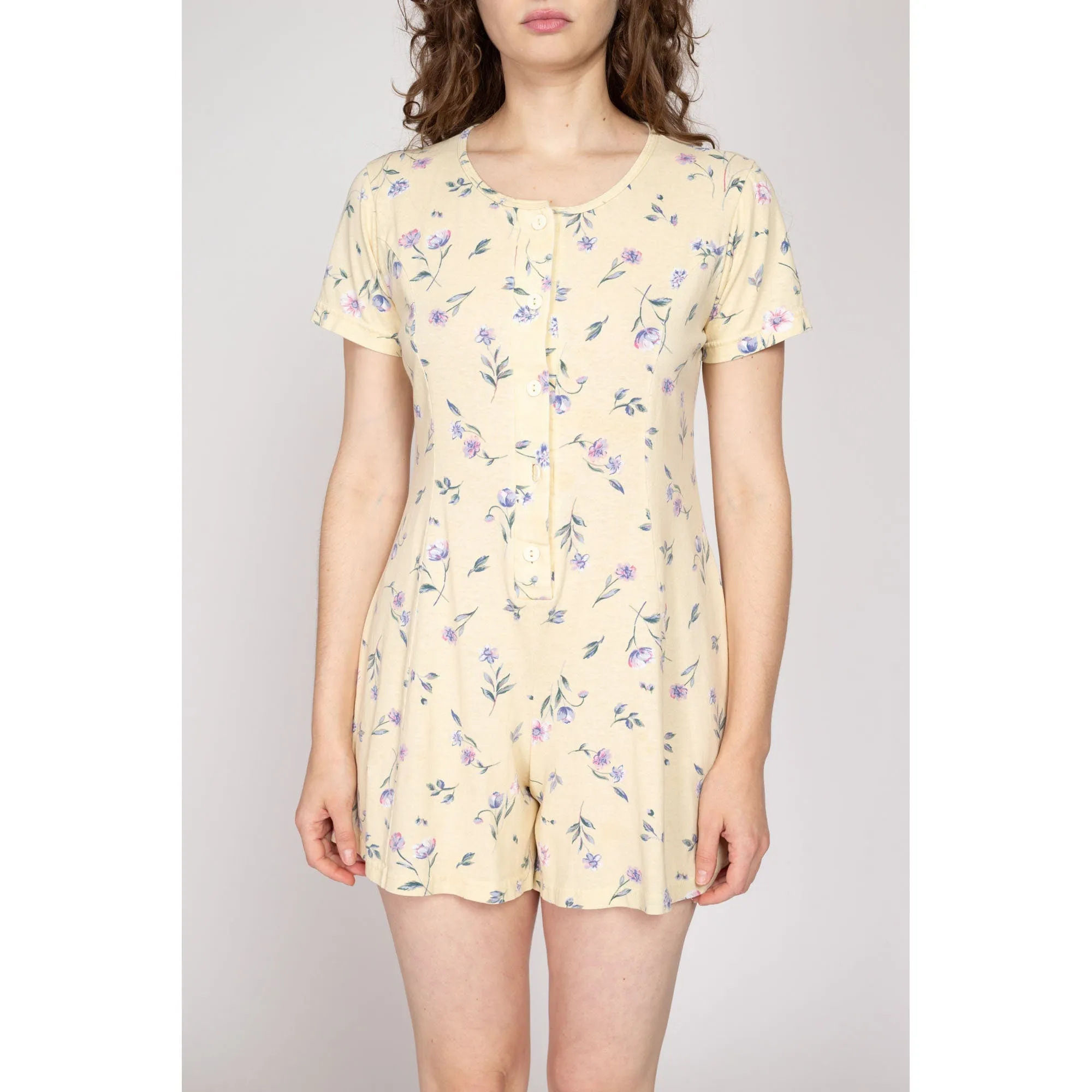 Petite Medium 90s Yellow Floral Flutter Sleeve Romper