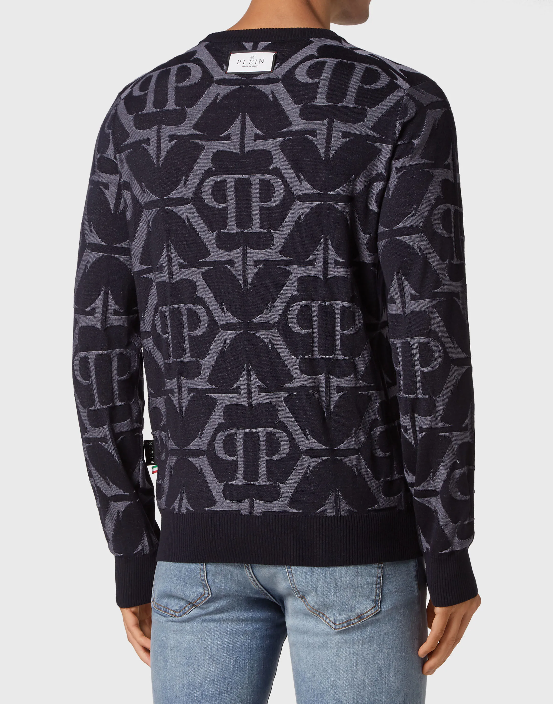 PHILIPP PLEIN Wool and Silk Pullover Round Neck LS Chrome