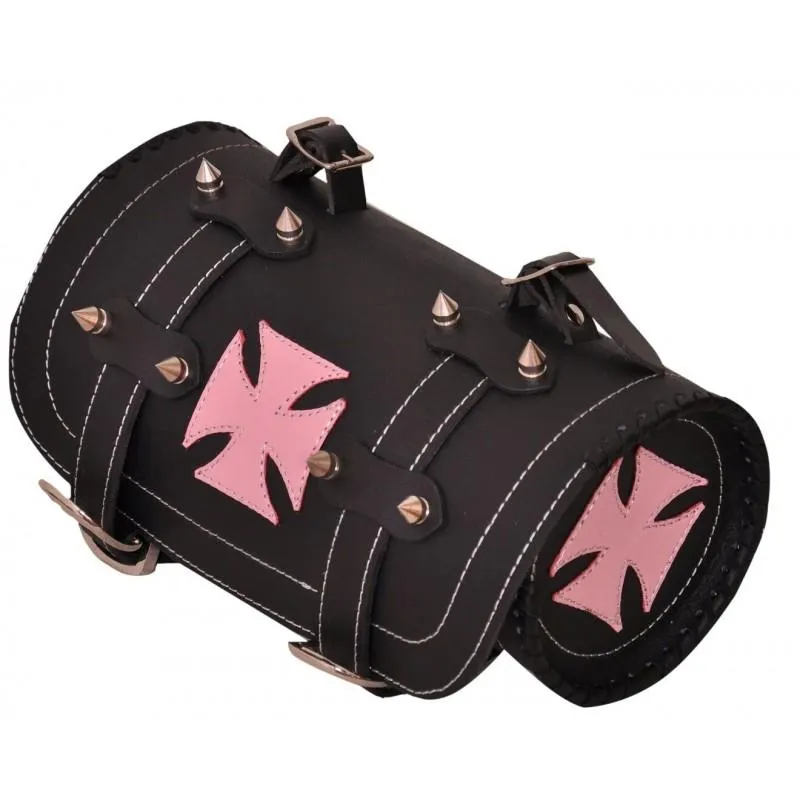 Pink Iron Cross Gothic Motorcycle Biker Leather Tool Rool Bag