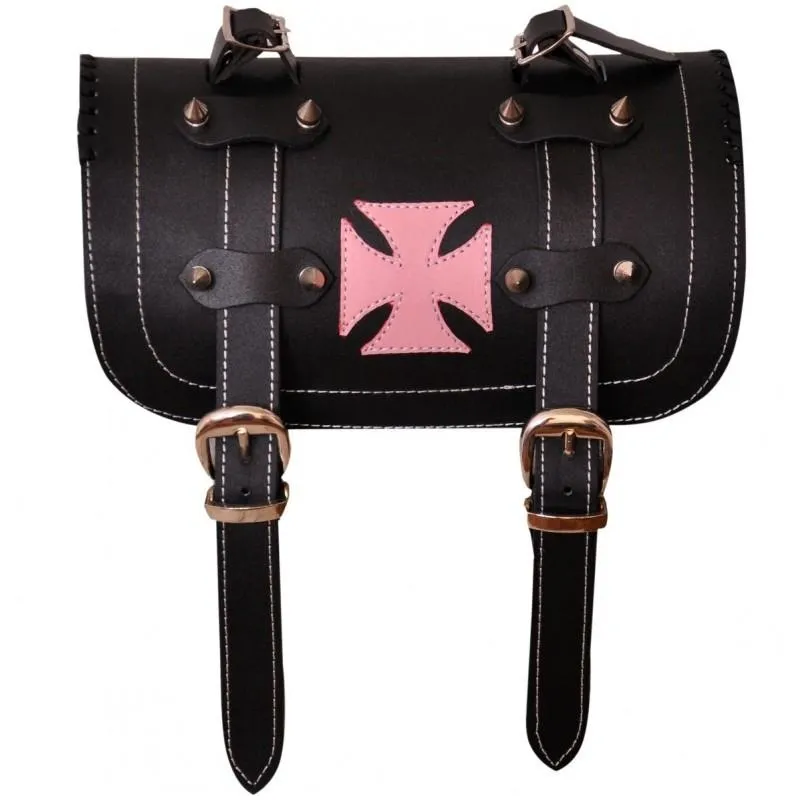 Pink Iron Cross Gothic Motorcycle Biker Leather Tool Rool Bag