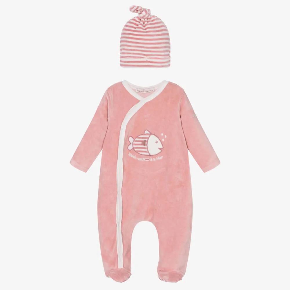 Pink Velour Babygrow & Hat Set