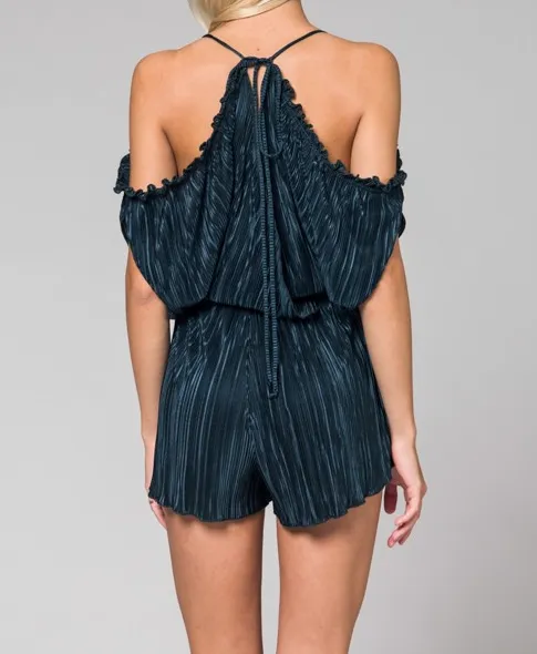 Pleated Peek-a-Boo Shoulder Romper in Teal