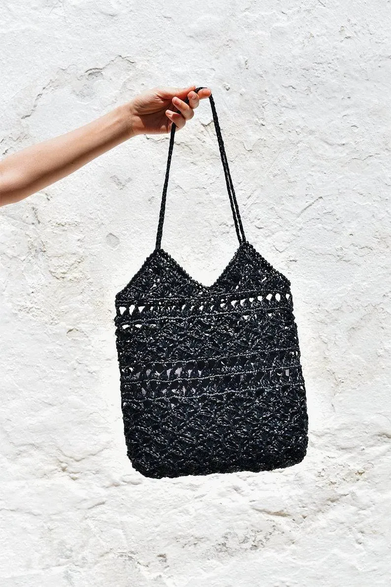 Plexida Raffia Tote Bag In Black - Anemone
