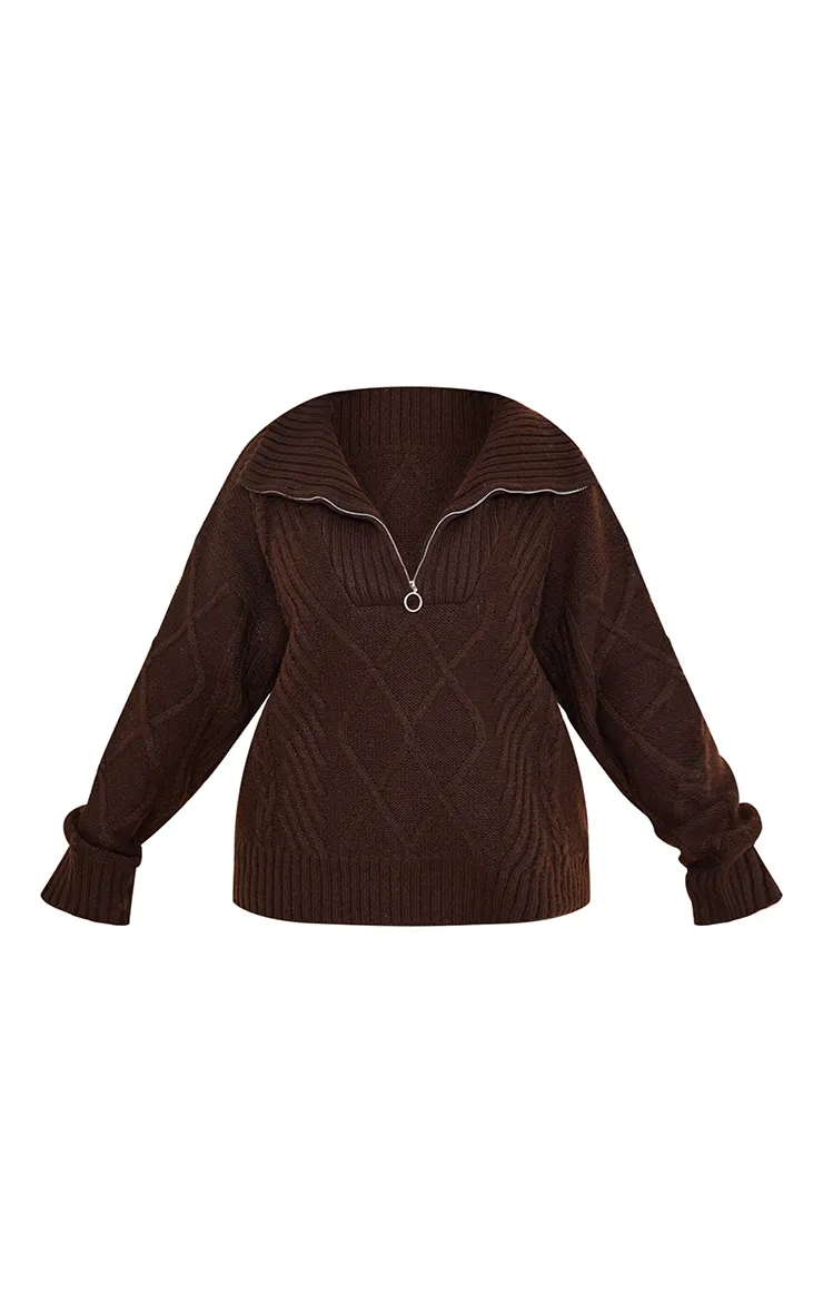 Plus Chocolate Chunky Knitted Zip Up Cable Jumper