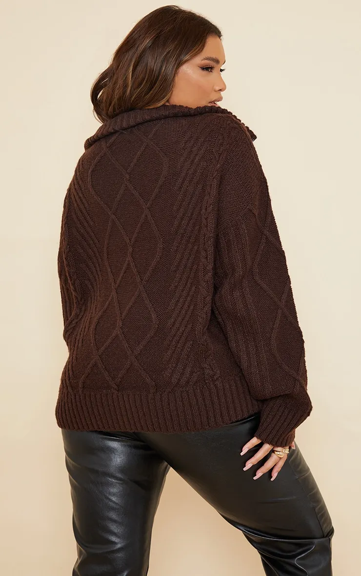 Plus Chocolate Chunky Knitted Zip Up Cable Jumper