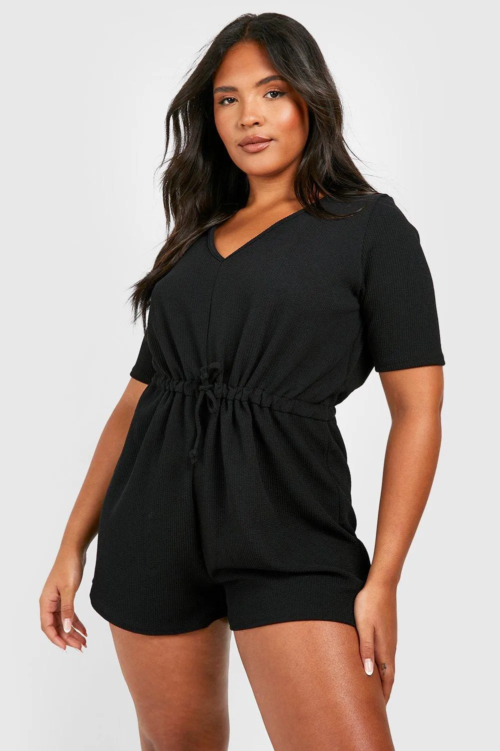 Plus Crinkle Rib V Neck Romper