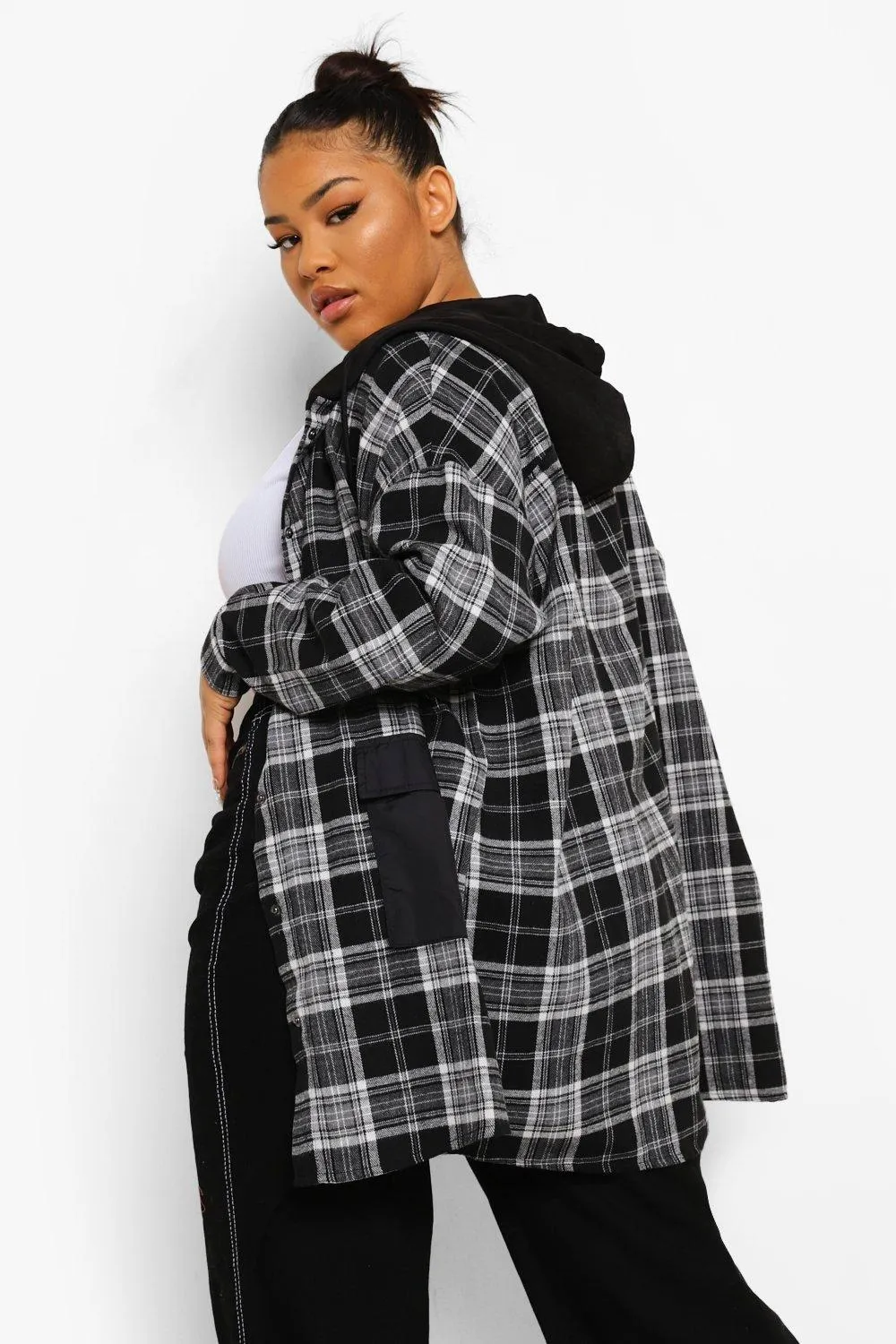 Plus Flannel Hoodie Overshirt