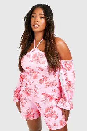 Plus Floral Print Halter Flippy Romper