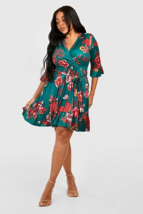 Plus Floral Wrap Belted Skater Dress