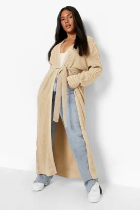 Plus Knitted Tie Belt Maxi Cardigan