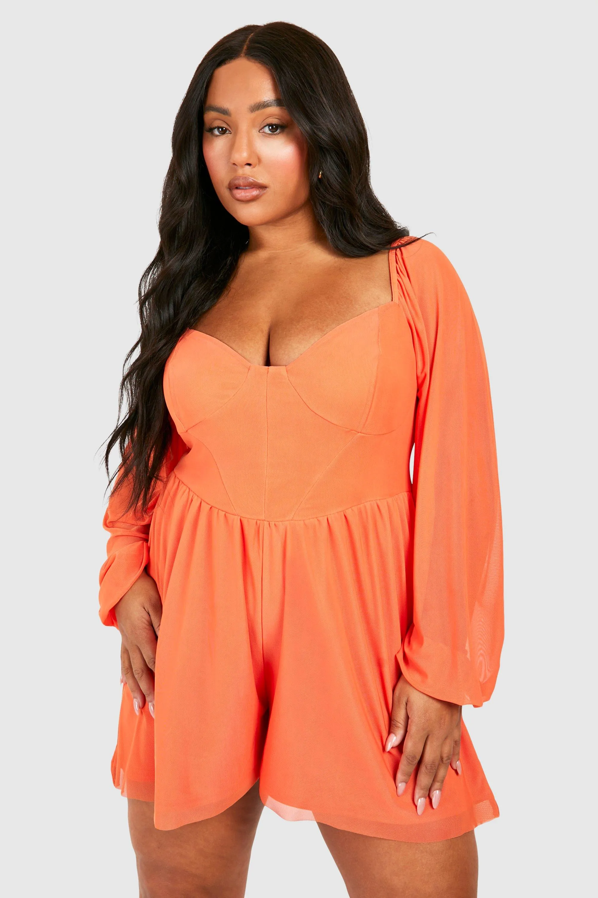 Plus Mesh Balloon Sleeve Corset Detail Floaty Romper