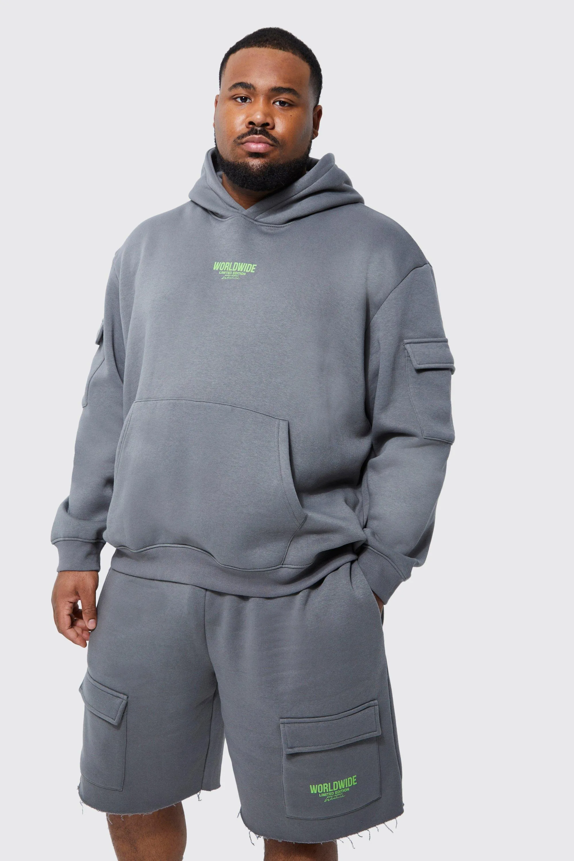 Plus Raw Hem Cargo Short Hooded Tracksuit