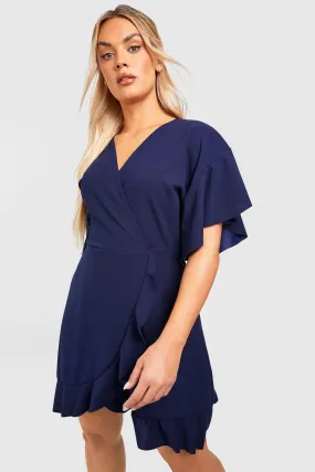Plus Ruffle Batwing Sleeve Wrap Skater Dress