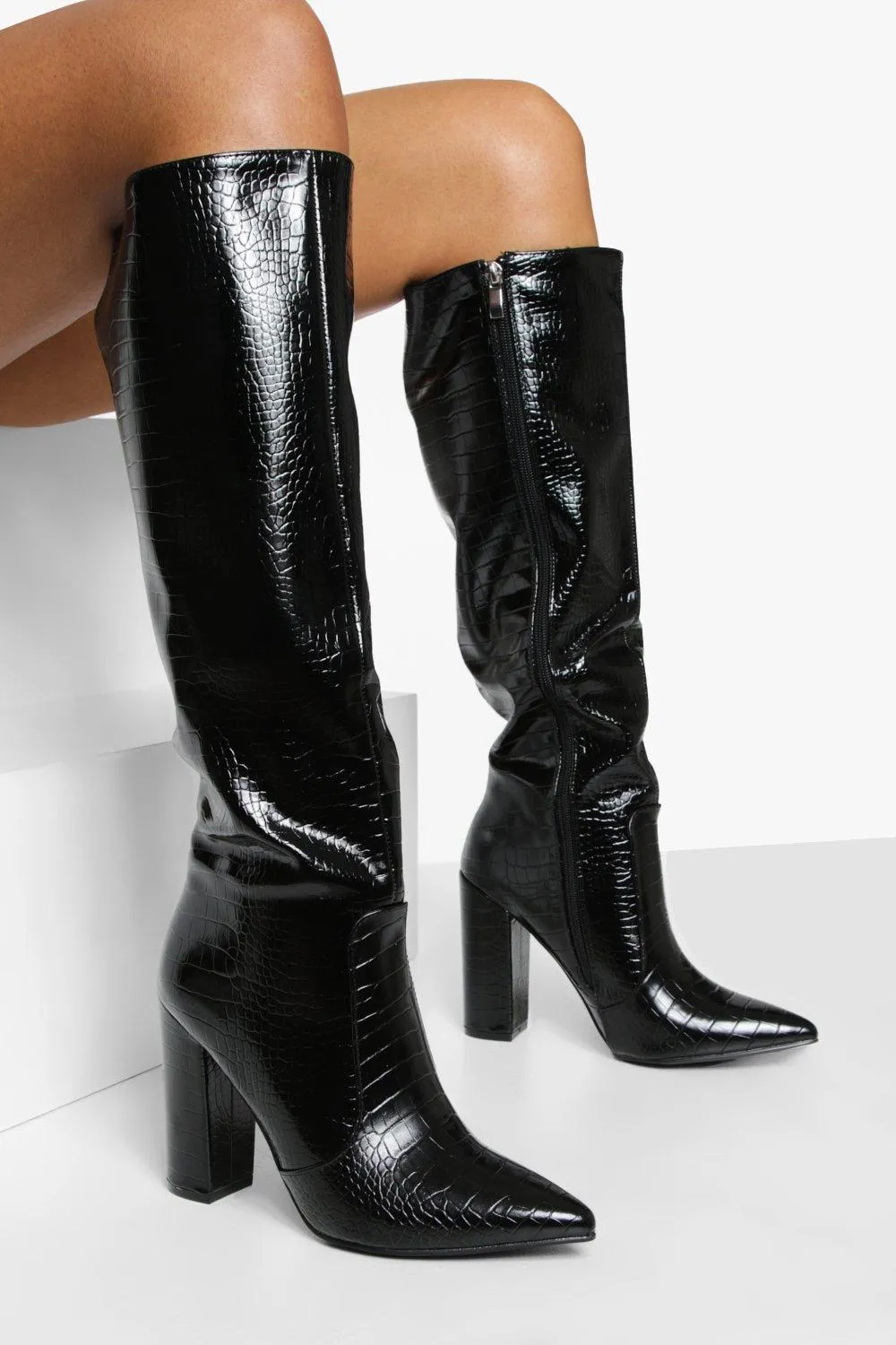 Pointed Toe Croc Knee High Boots