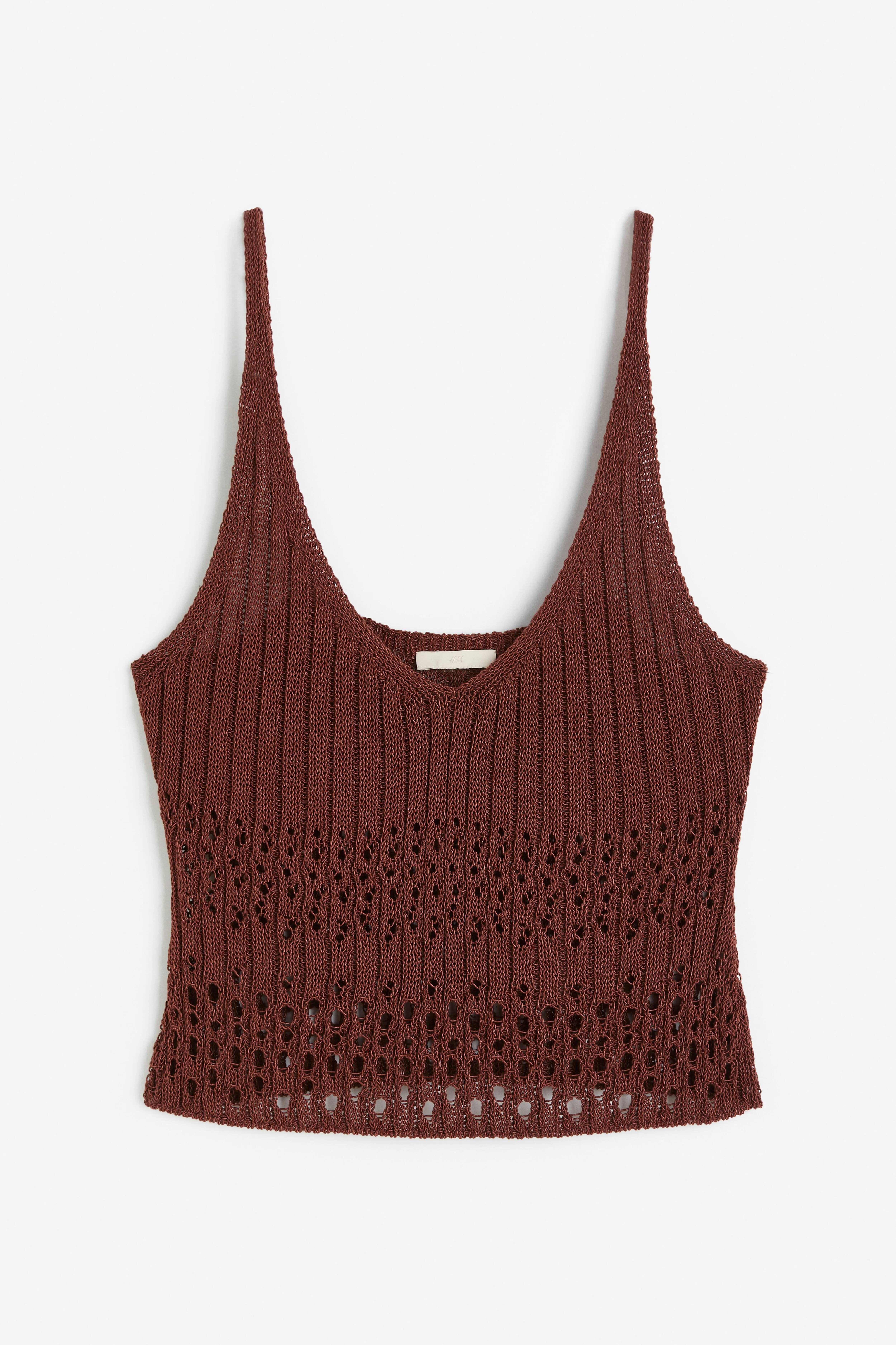 Pointelle-knit vest top - V-neck - Short sleeve - Brown - Ladies | H&M GB