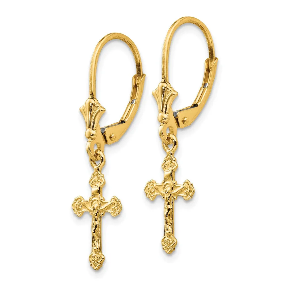 Polished Crucifix Lever Back Earrings in 14k Yellow Gold