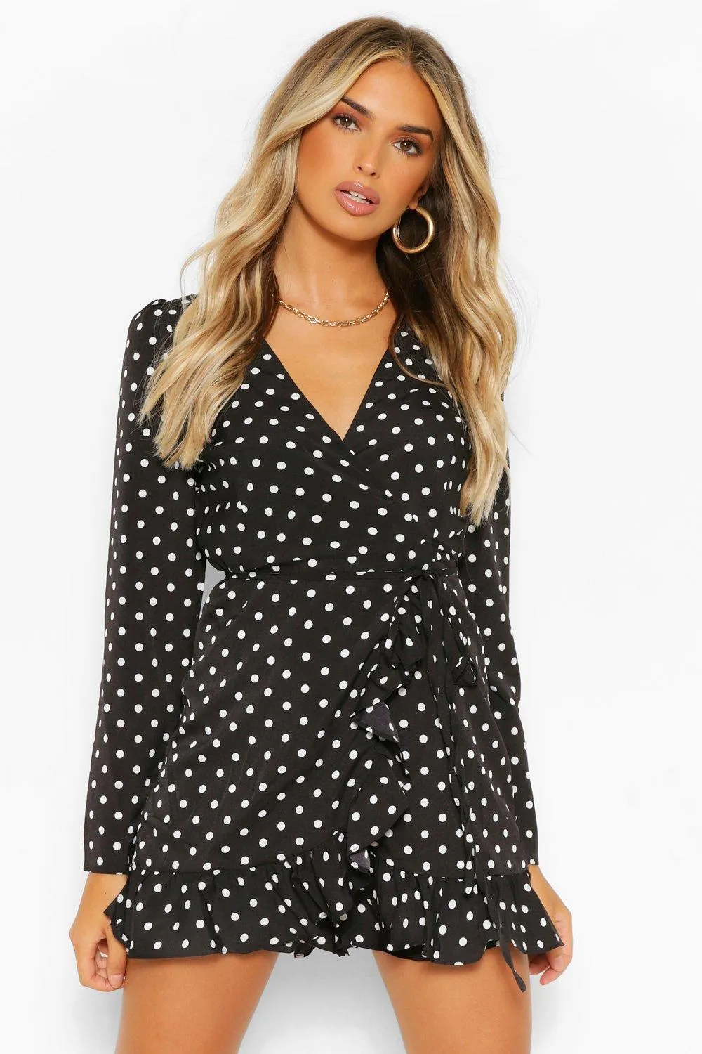 Polka Dot Frill Detail Wrap Romper