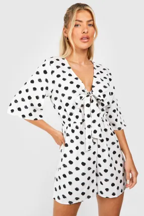 Polka Dot Tie Front Woven Romper