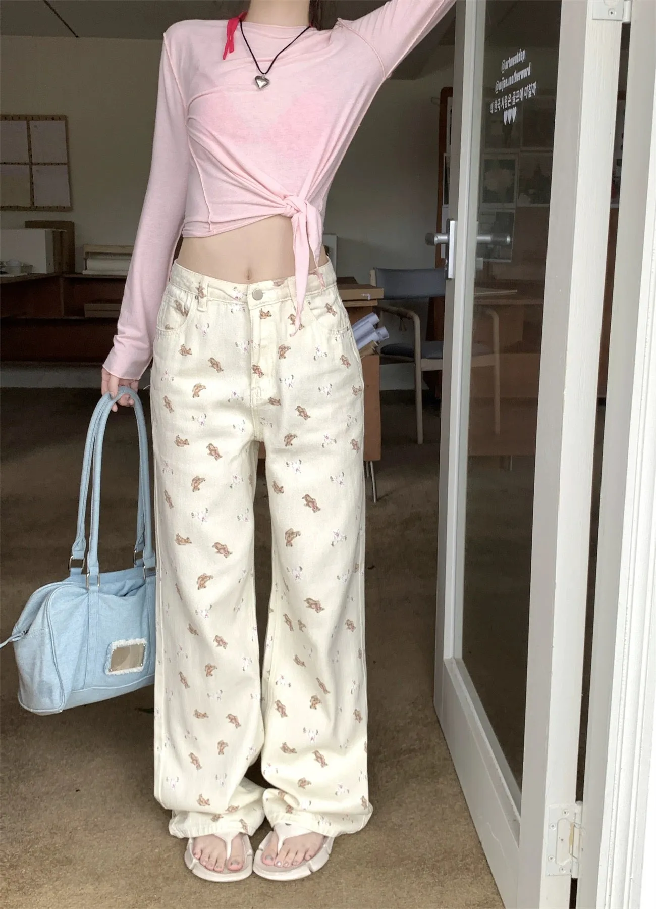 PPHOME printed straight pants ~ sweet and spicy bear printed high waist loose straight wide leg floor mopping denim trousers