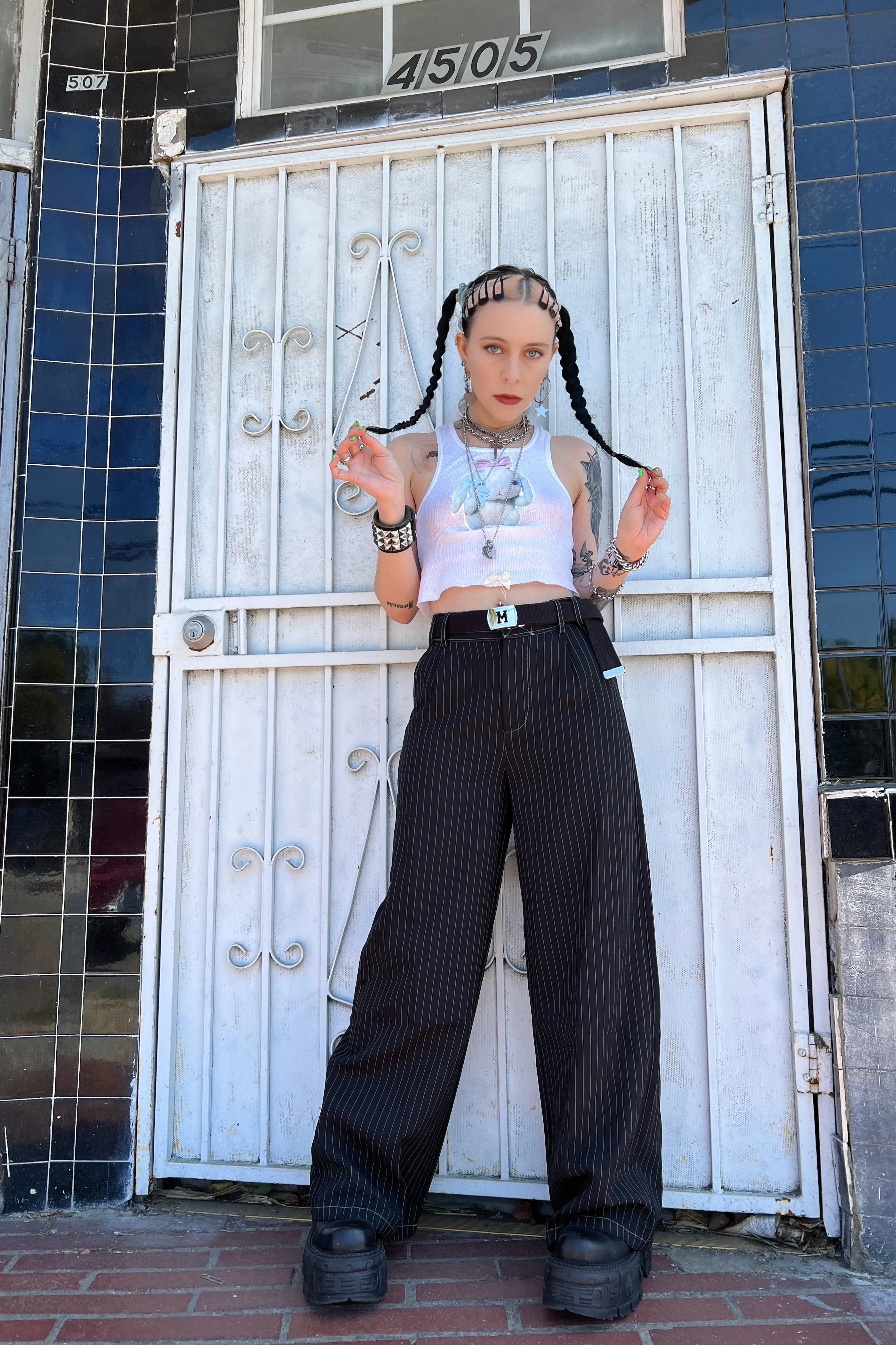 PRE-ORDER: Clerks Pinstripe Wide-Legged Pants