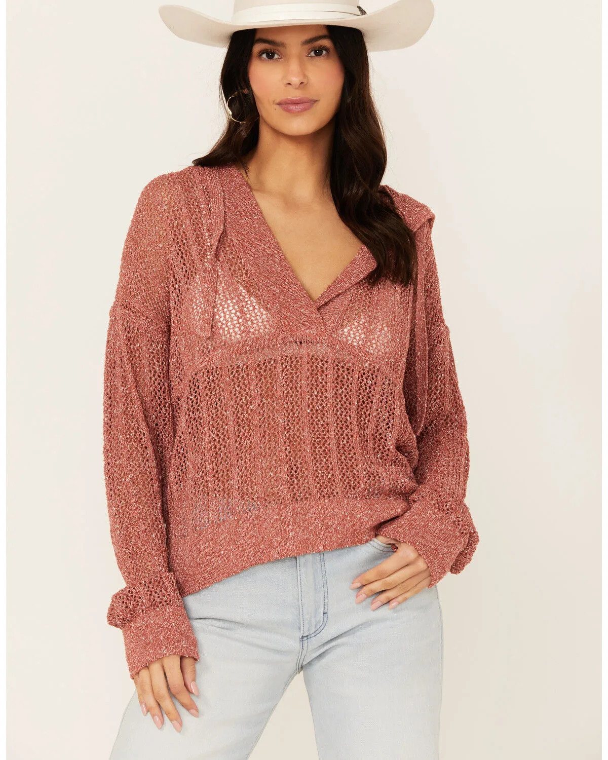 Product Name:  Cleo + Wolf Women's Blythe Deep V Weave Hooded Pullover