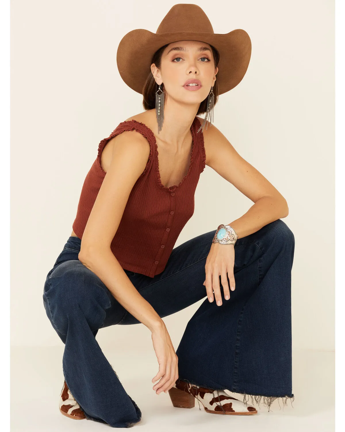 Product Name:  Eyeshadow Women's Ribbed Button Down Crop Tank Top