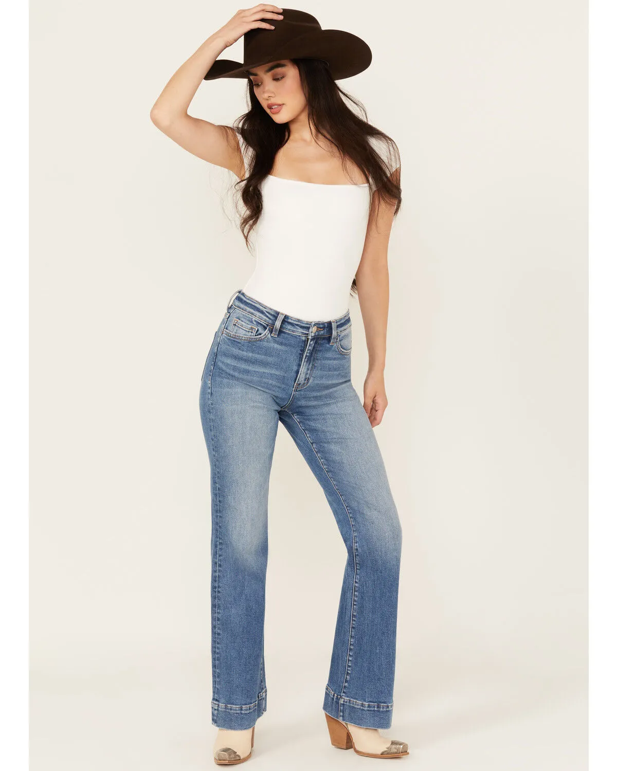 Product Name:  Vervet Women's Medium Wash High Rise Relaxed Flare Trouser Stretch Denim Jeans