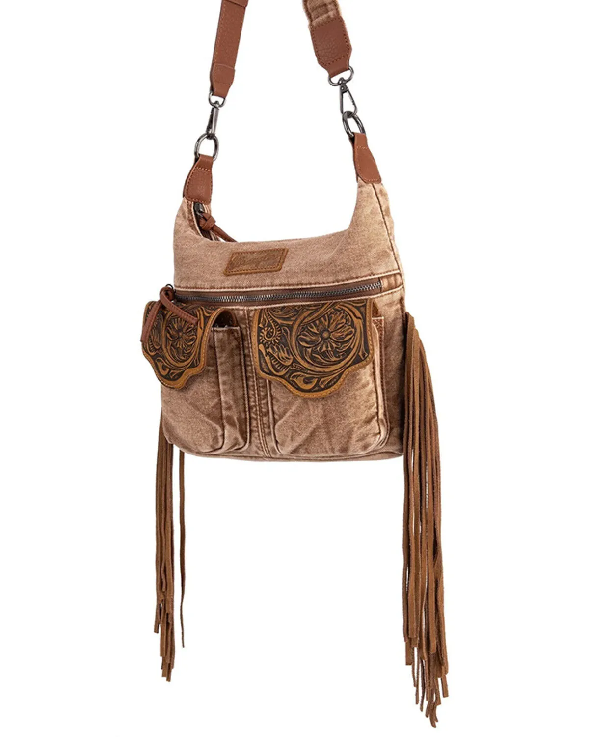Product Name:  Wrangler Women's Fringe Floral Tooled Denim Crossbody Bag