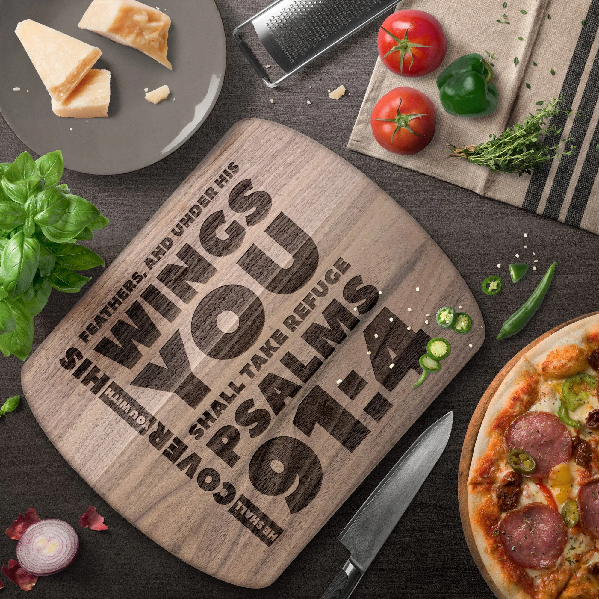 Products Bible Verse Hardwood Oval Cutting Board - Under His Wings You Shall Take Refuge ~Psalm 91:4~ Design 1