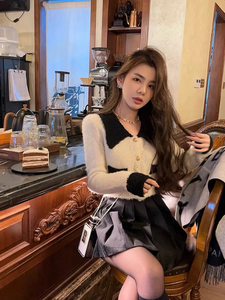 Qiu Rouyao autumn new color-blocked sweater long-sleeved pullover short slim fit thickened knitted cardigan for women (S140)