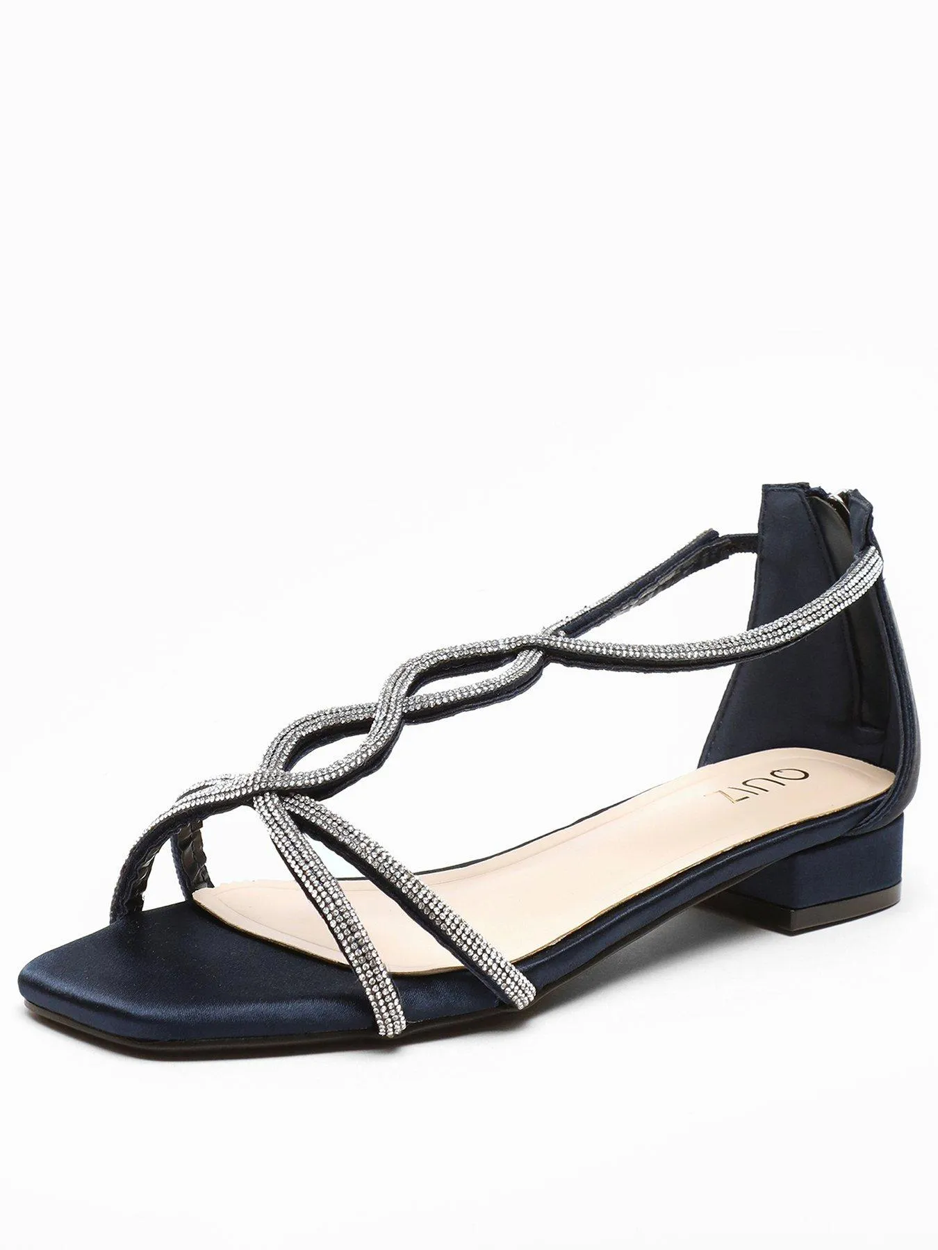 Quiz Navy Satin Diamante T-strap Flat Sandals