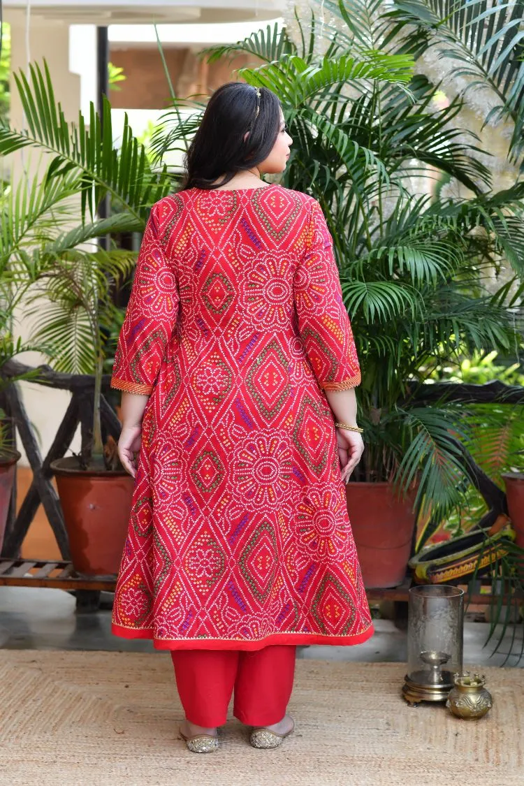 Red Bandhej Anarkali Kurta