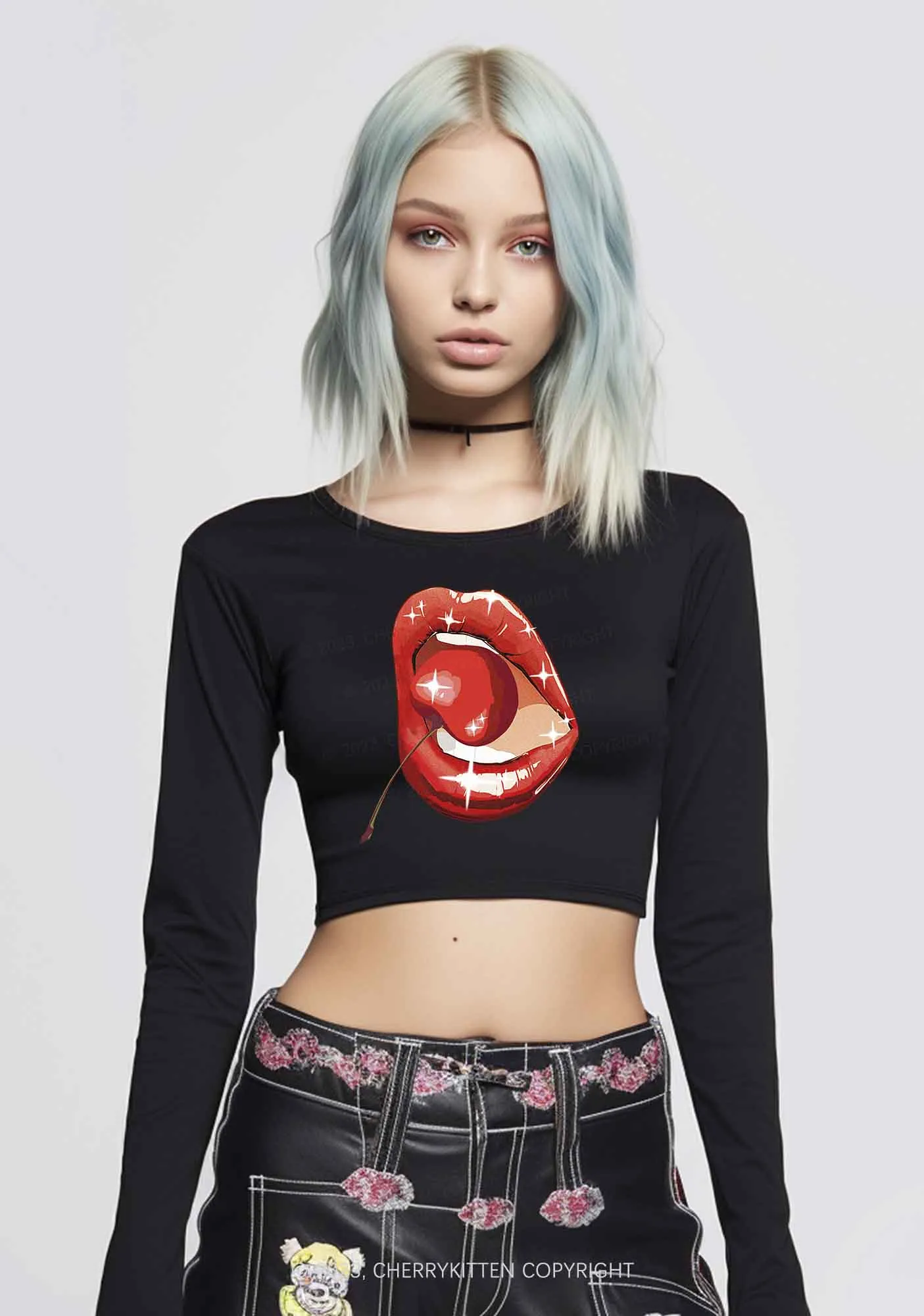 Red Cherry Lipstick Y2K Long Sleeve Crop Top Cherrykitten