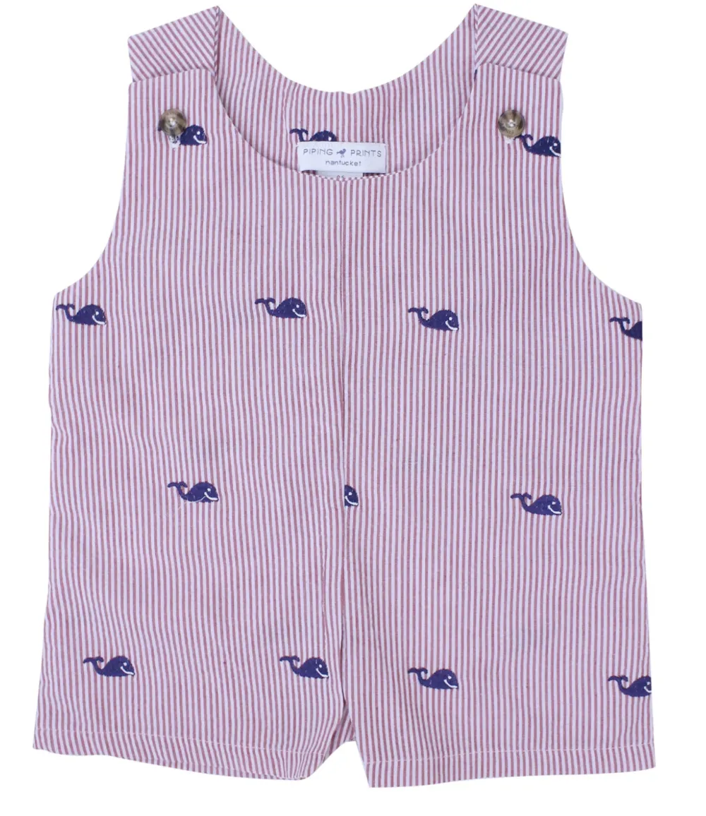 Red Seersucker Baby Romper with Navy Whales