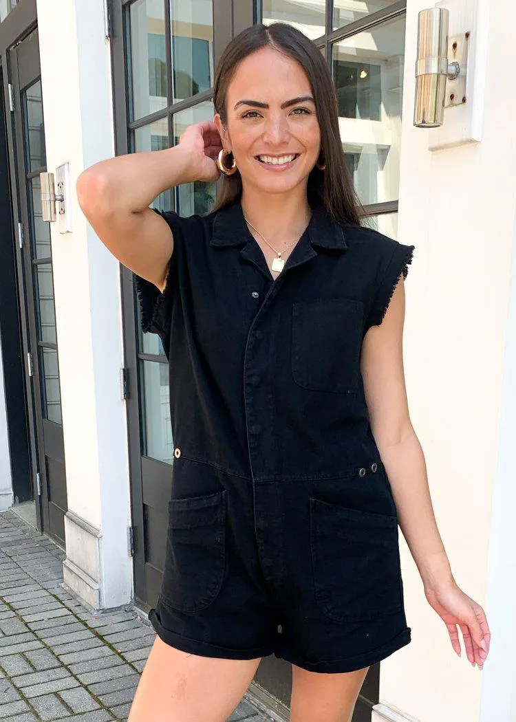 Reyes Utility Sleeveless Frayed Hem Denim Romper