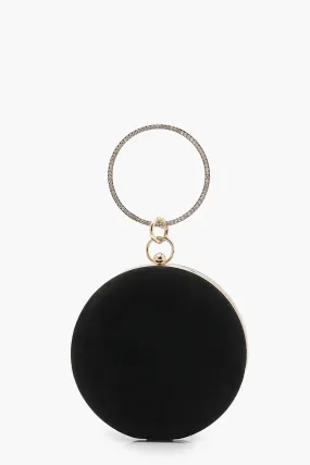 Rhinestone Ring Handle Suedette Box Clutch Bag