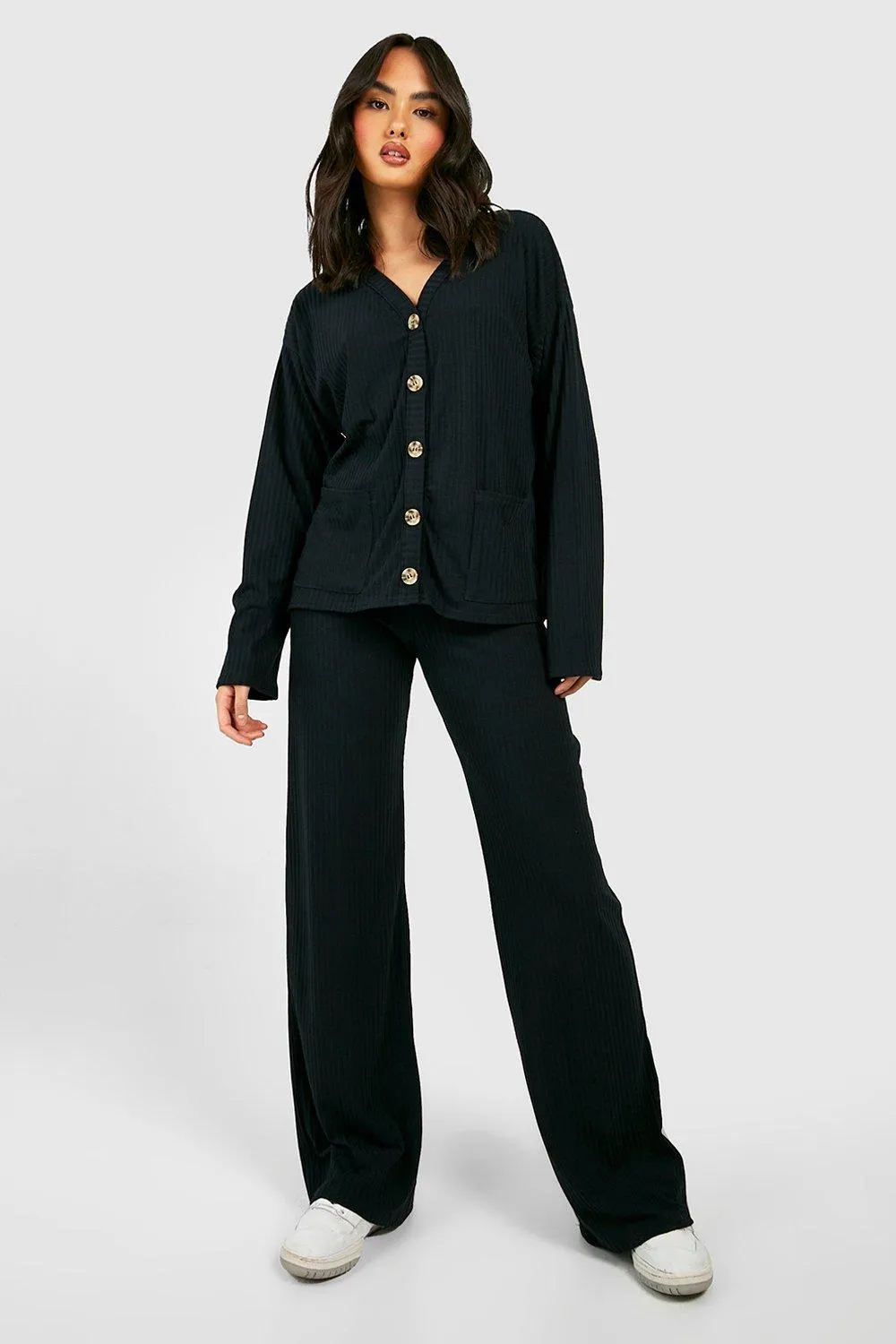 Rib Knit Buttoned Cardigan & Pants Two-Piece