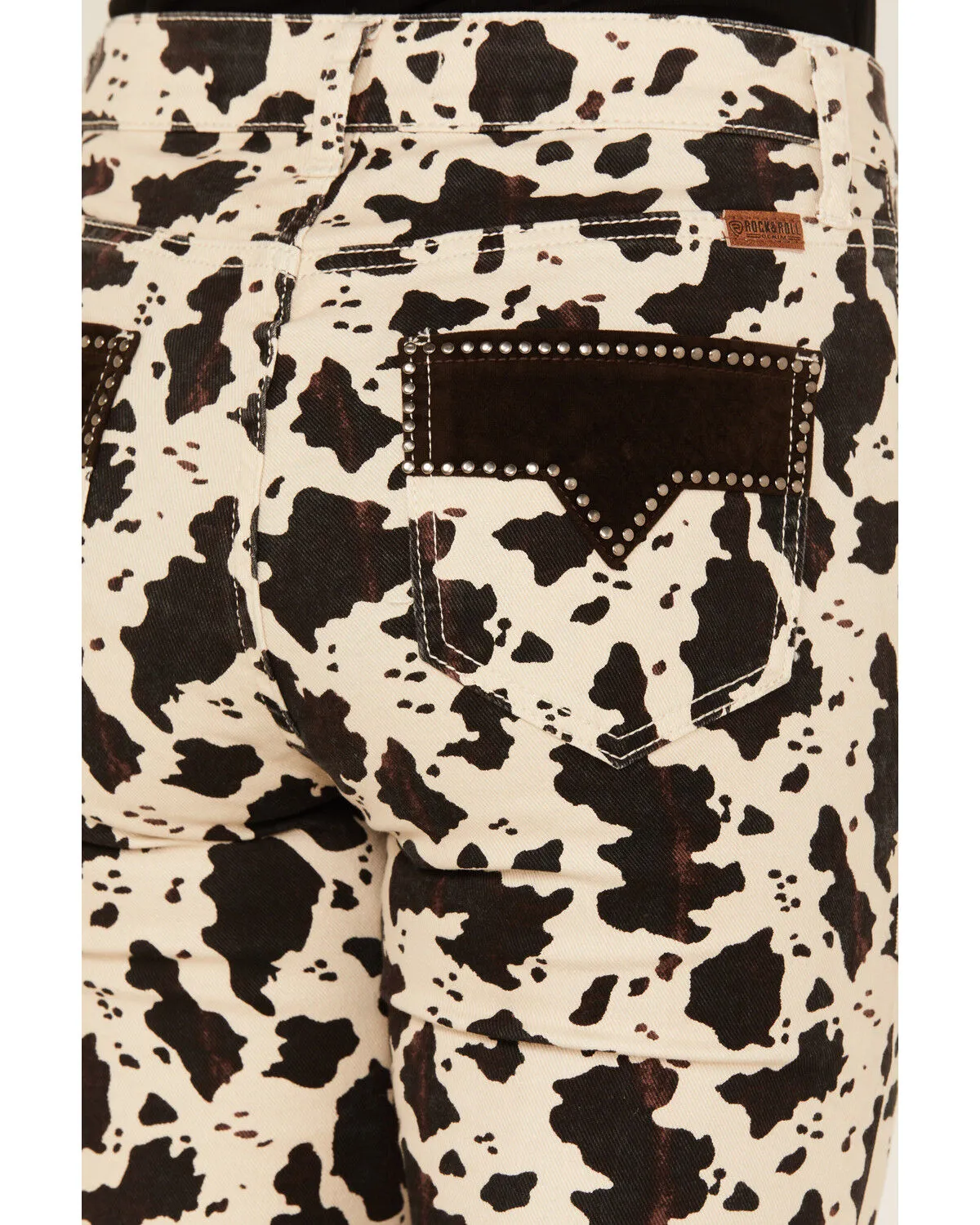 Rock & Roll Denim Women's Cow Print High Rise Button Bargain Bell Flare Jeans