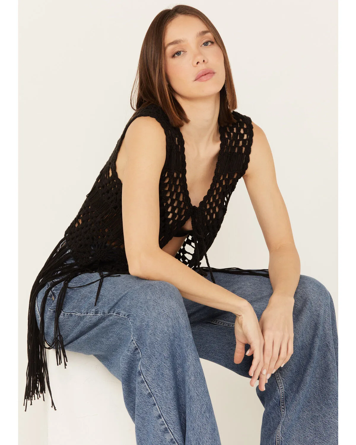 Rock & Roll Denim Women's Crochet Fringe Sleeveless Vest