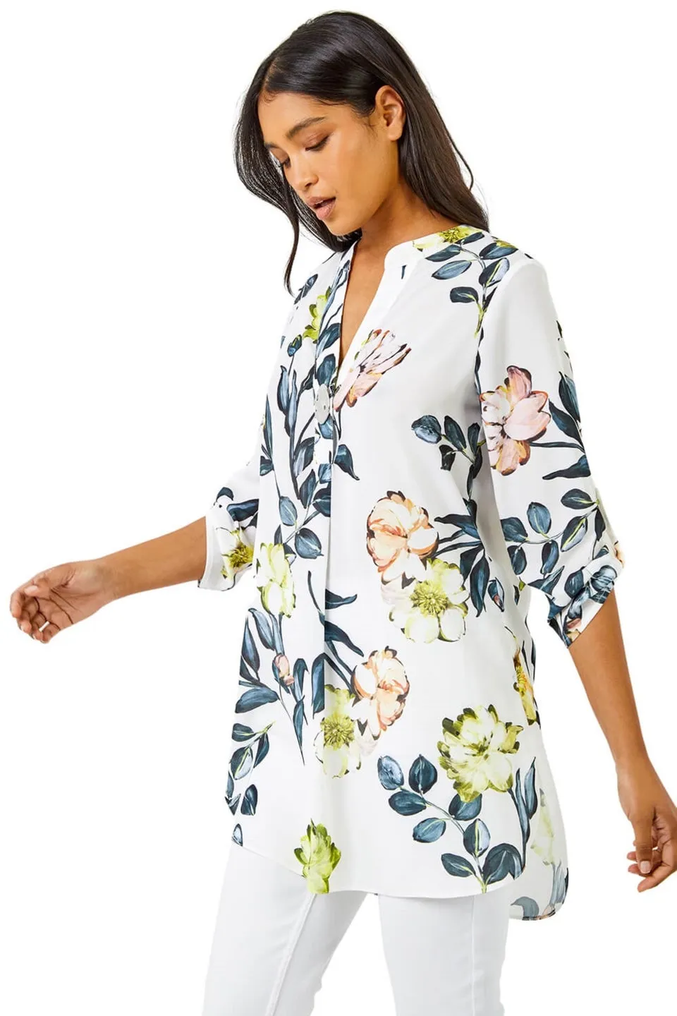 Roman Ivory V-Neck Longline Button Detail Floral Tunic Top