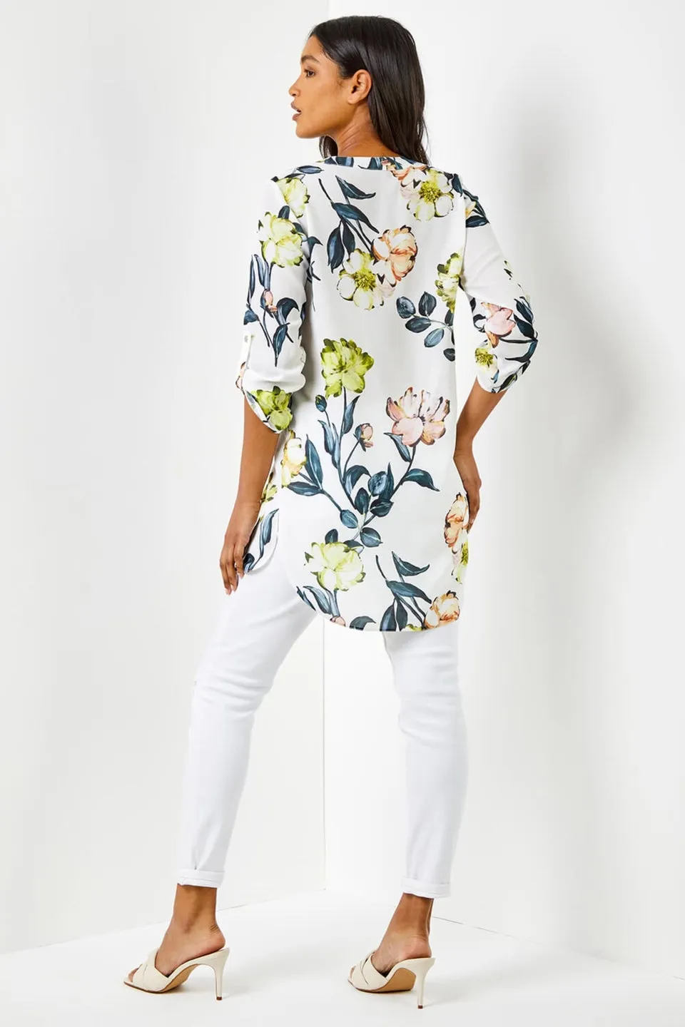 Roman Ivory V-Neck Longline Button Detail Floral Tunic Top