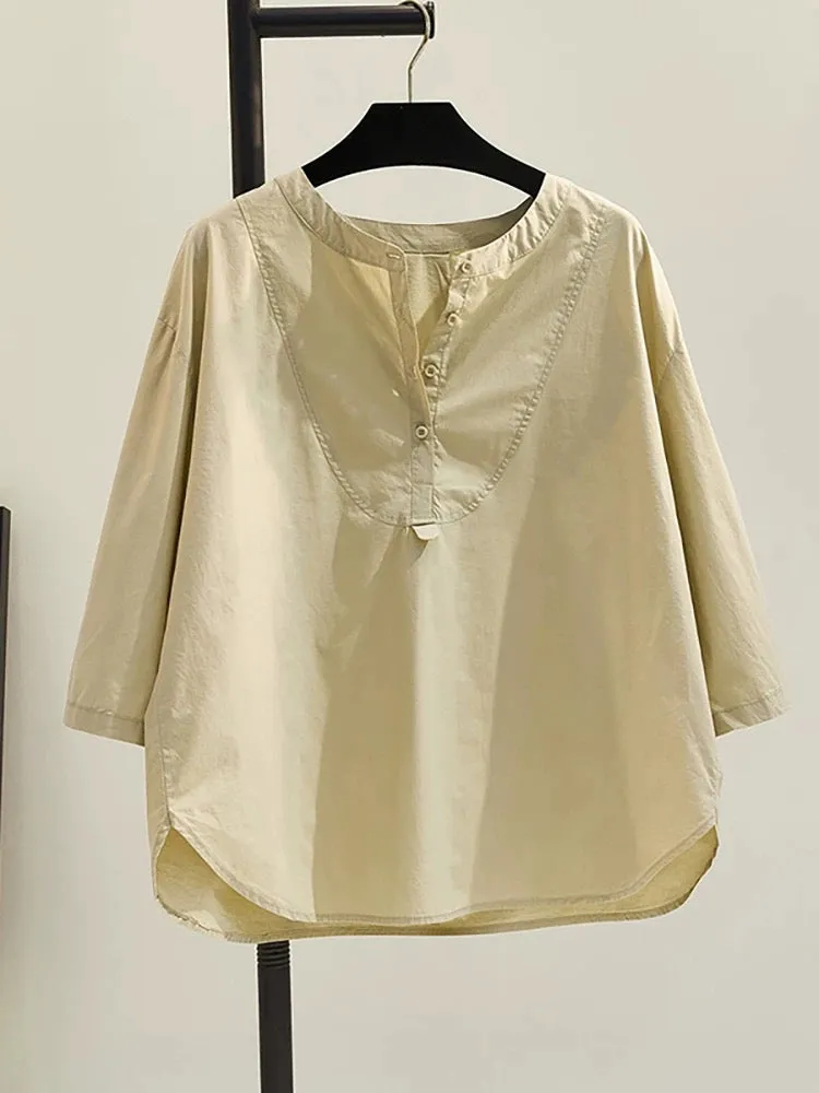 Round neck three-quarter sleeve thin baby shirt shirt 2024 summer new women's simple and comfortable top pullover shirt