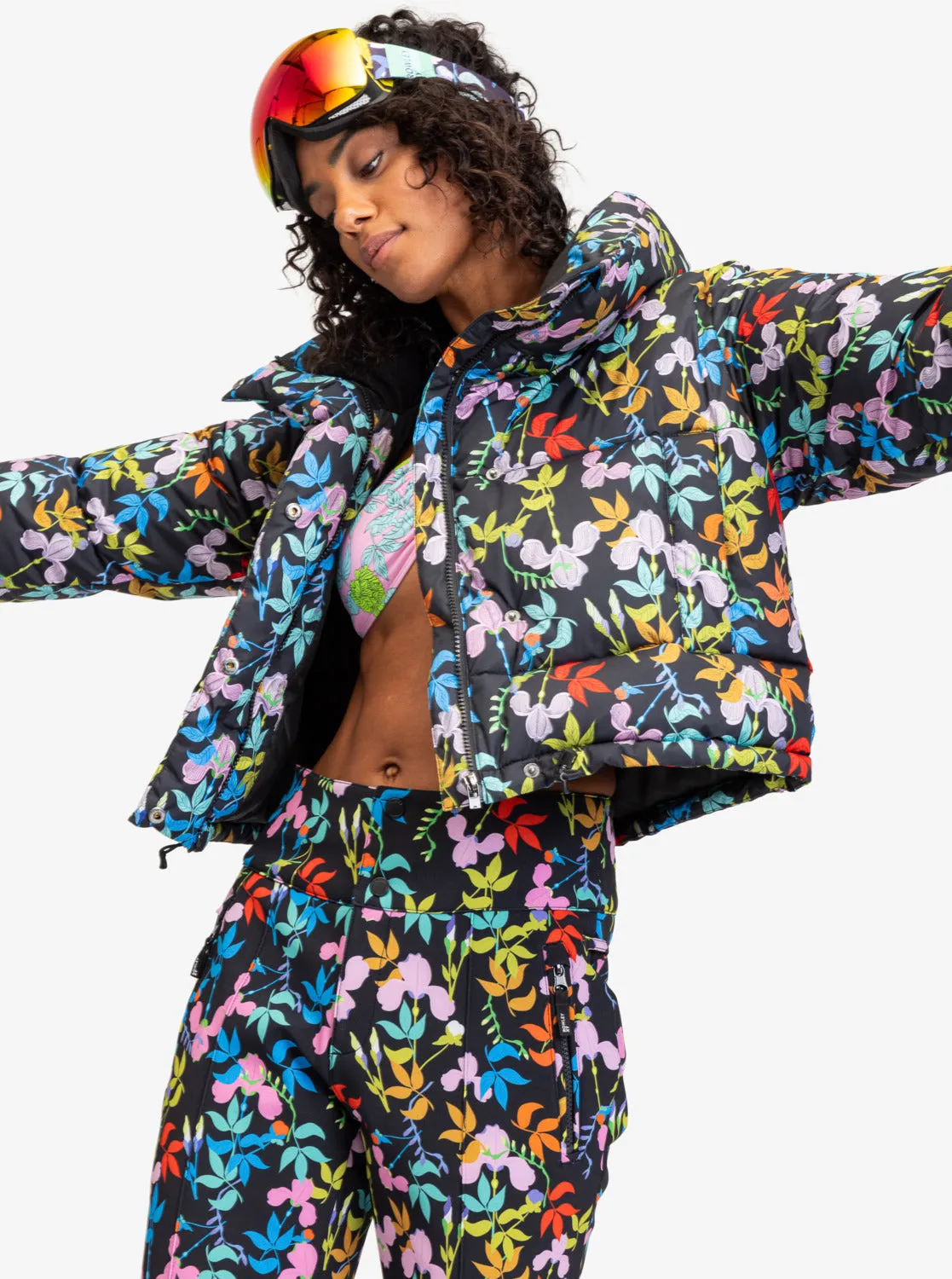 ROWLEY X ROXY Cropped Winter Bomber Jacket - True Black Multifloral