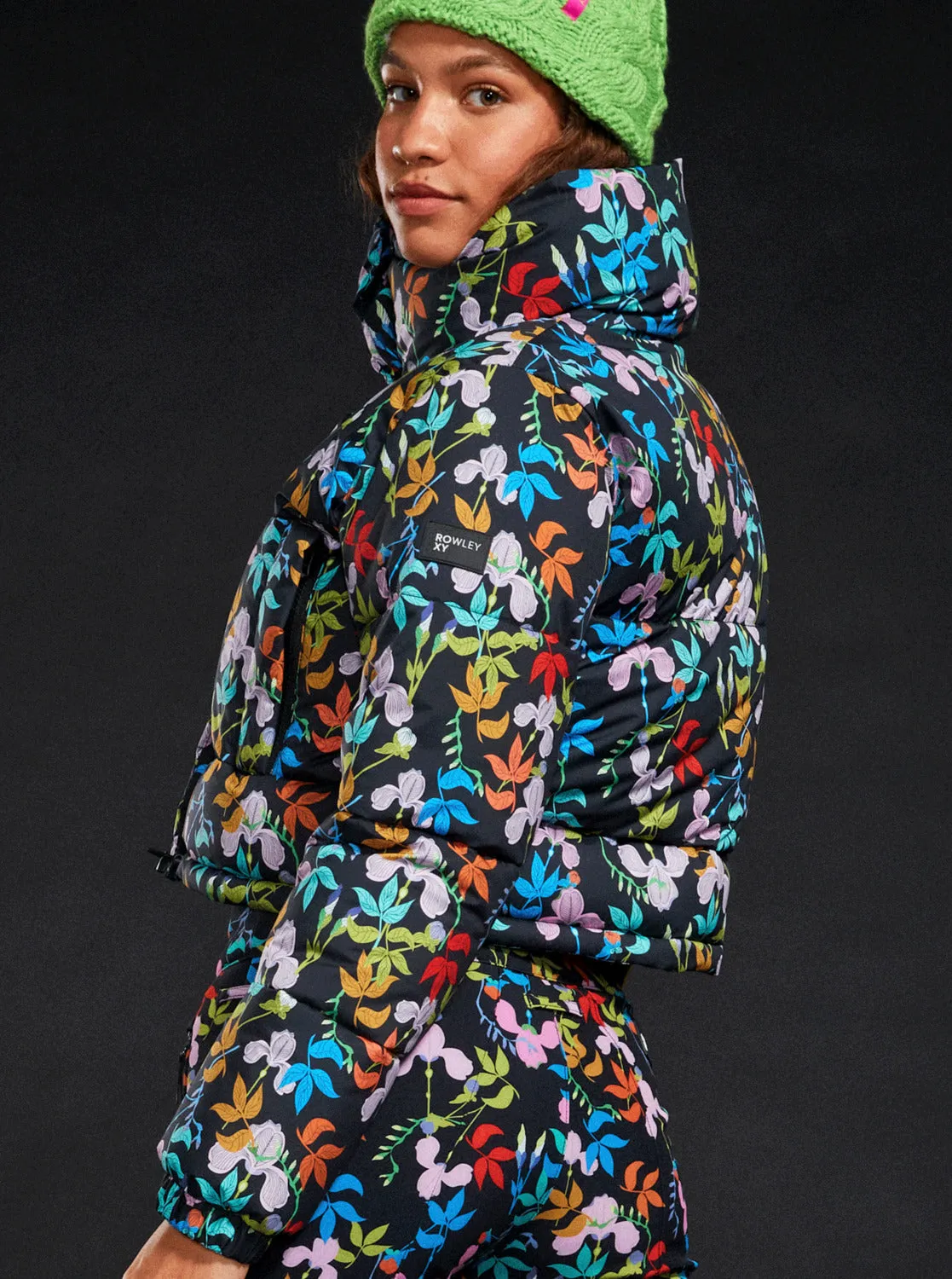 ROWLEY X ROXY Cropped Winter Bomber Jacket - True Black Multifloral