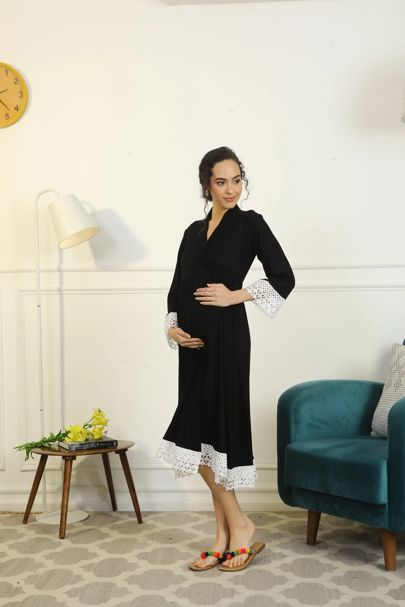 Royal Black Lycra Maternity & Nursing Wrap Nightwear Dress + Matching Baby Swaddle Set Of 2