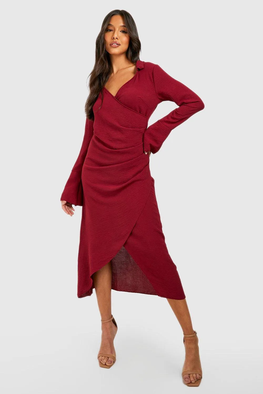 Ruched Wrap Midi Shirt Dress