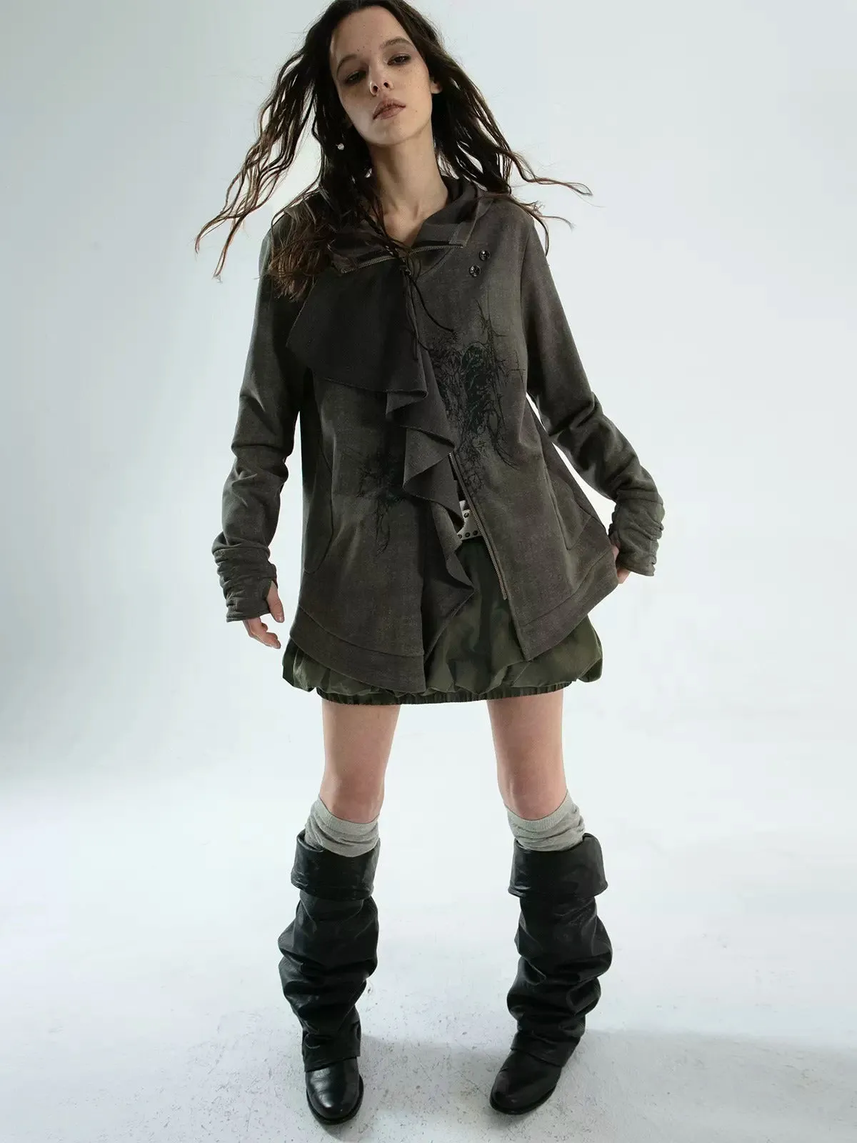 Ruffled Irregular Cut Sweat Jacket