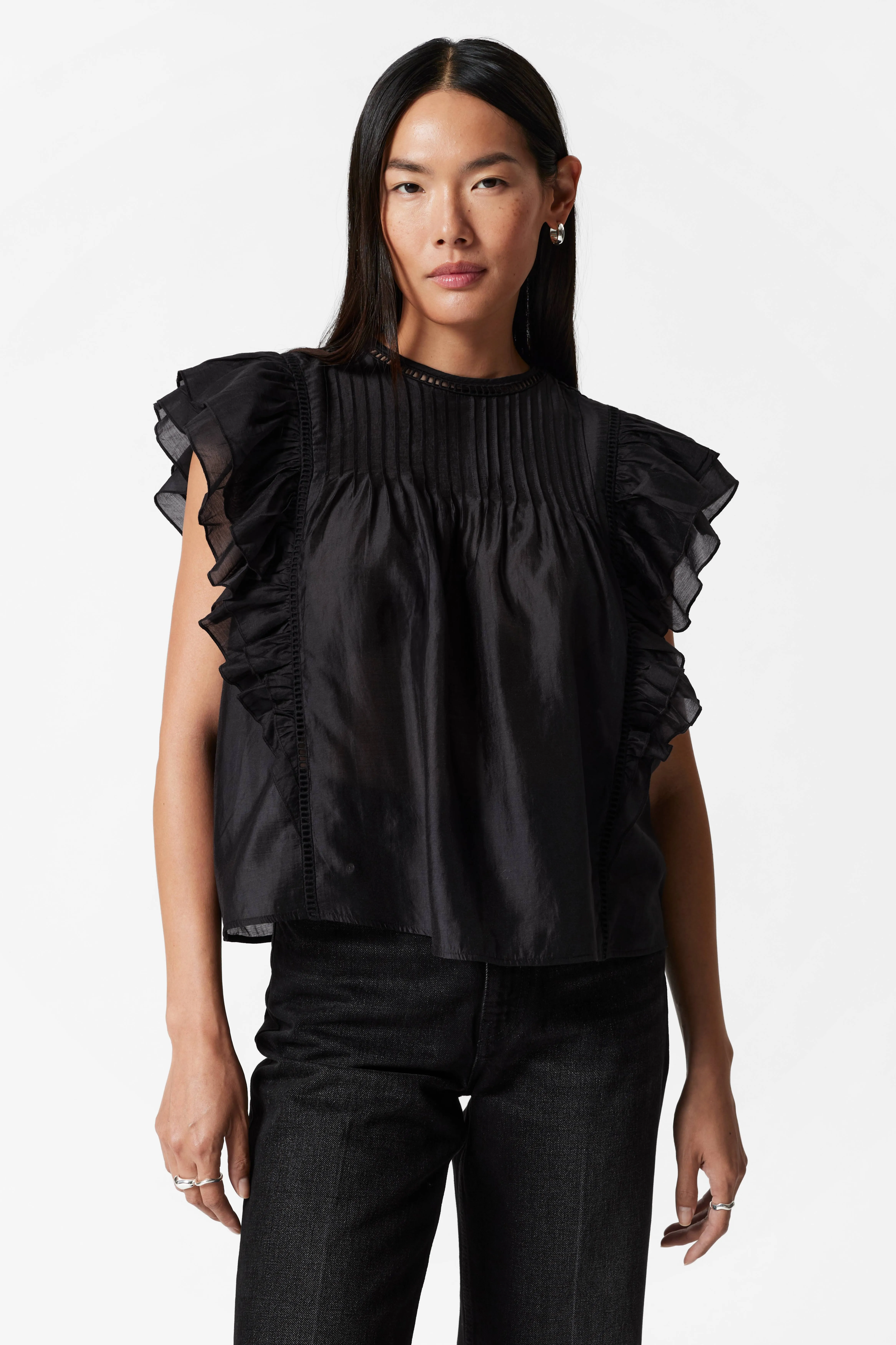 Ruffled Top - Round neck - Sleeveless - Black - Ladies | H&M GB