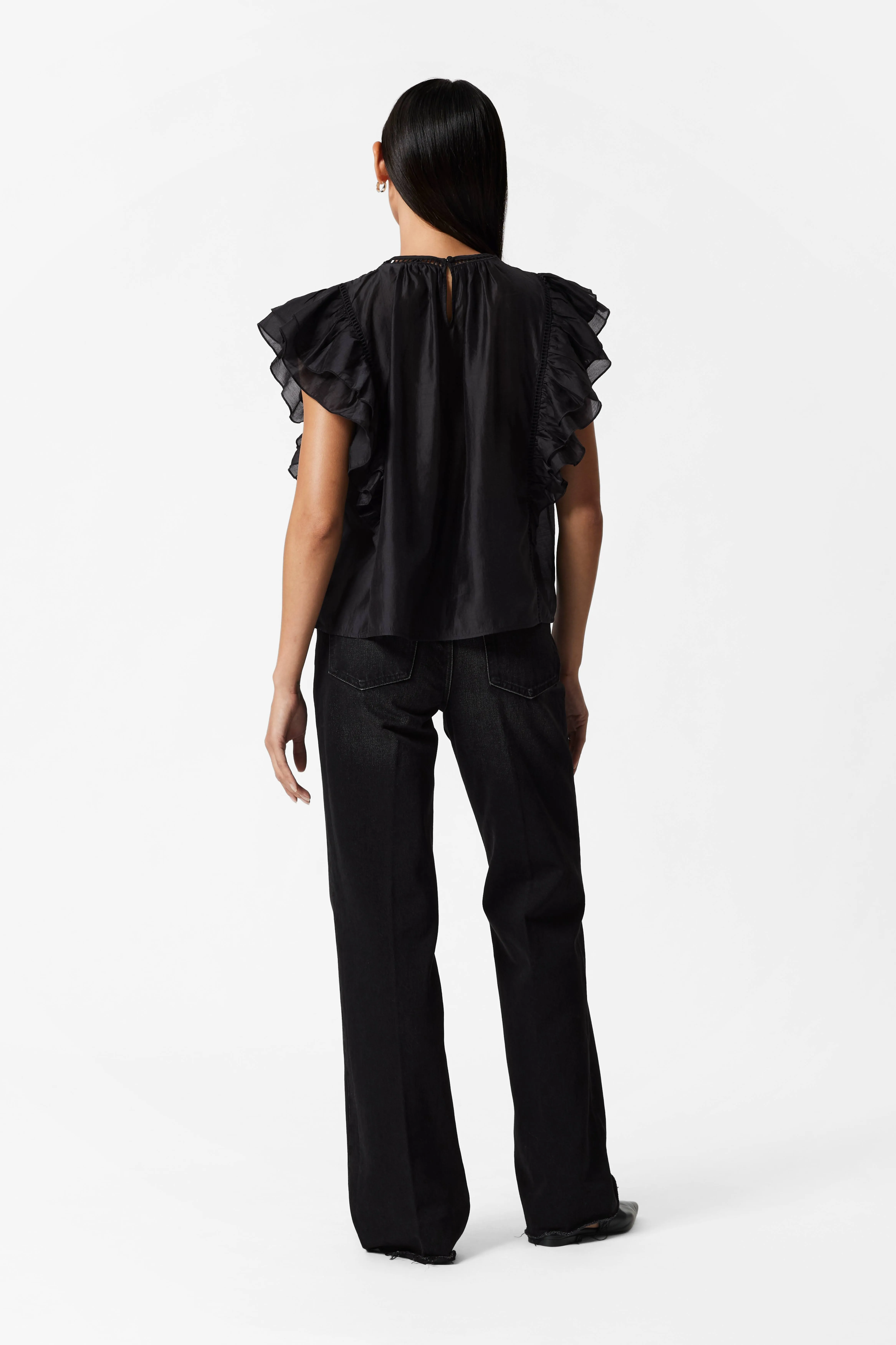 Ruffled Top - Round neck - Sleeveless - Black - Ladies | H&M GB